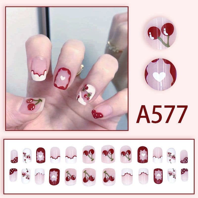 image-Winter fresh and simple pure lust style bride dance wear nails rainbow love rose fake nails wholesale