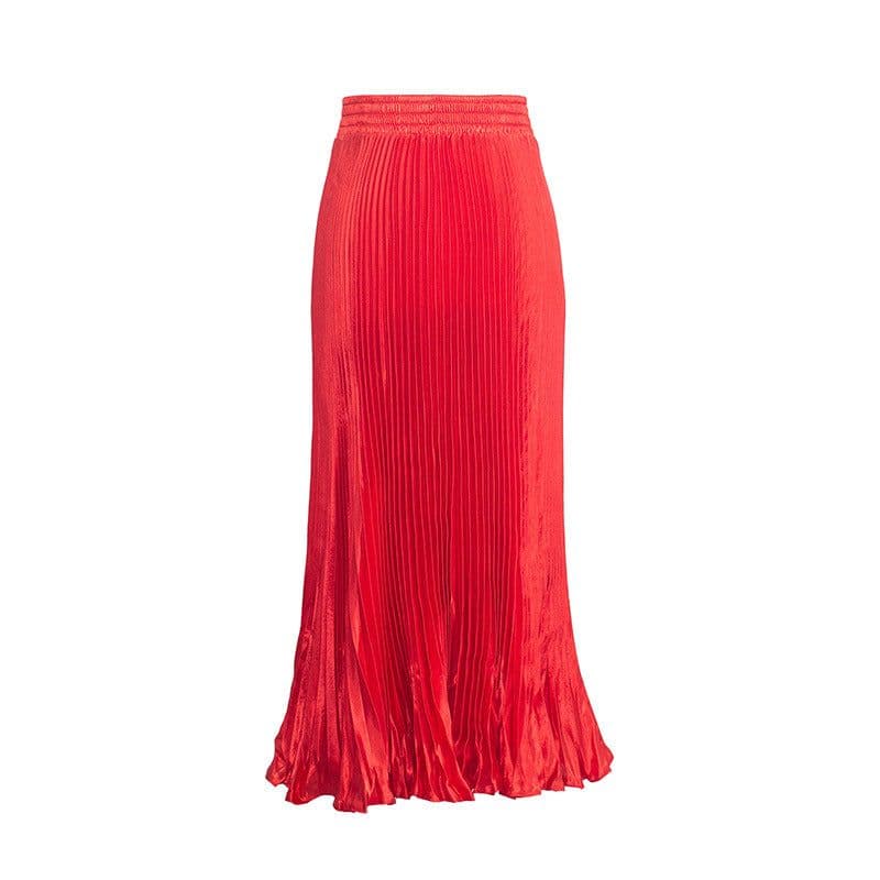 image-European Satin Metallic Pleated Skirt - Long, Elegant, One Size