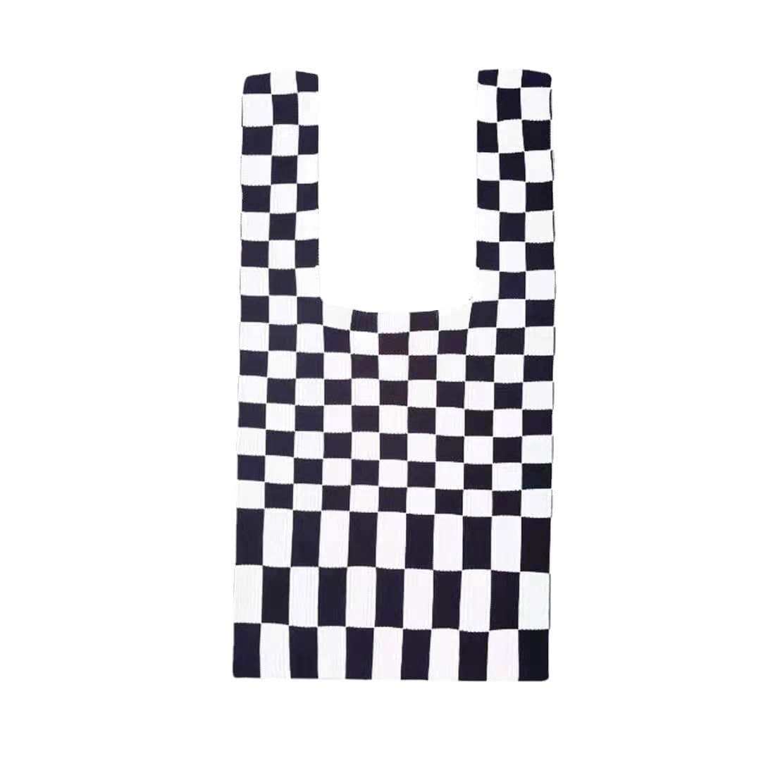 image-2021 Japan and South Korea cross-border checkerboard contrast color knitted shoulder tote bag woven tote bag shoulder underarm bag women
