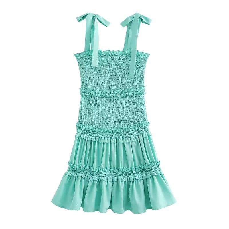 image-Women's Sleeveless Midi Dress - Green Elastic Waist