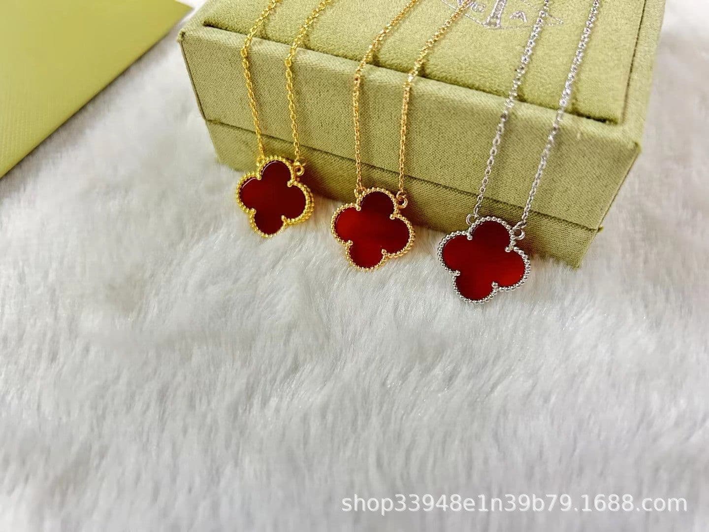 image-v gold 925 silver Fanjia four-leaf clover necklace high version women's thick plated 18k single flower pendant natural fritillary chalcedony
