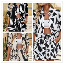 image-Women's Printed Shirt Shorts Set - Apricot Casual 2pc XL