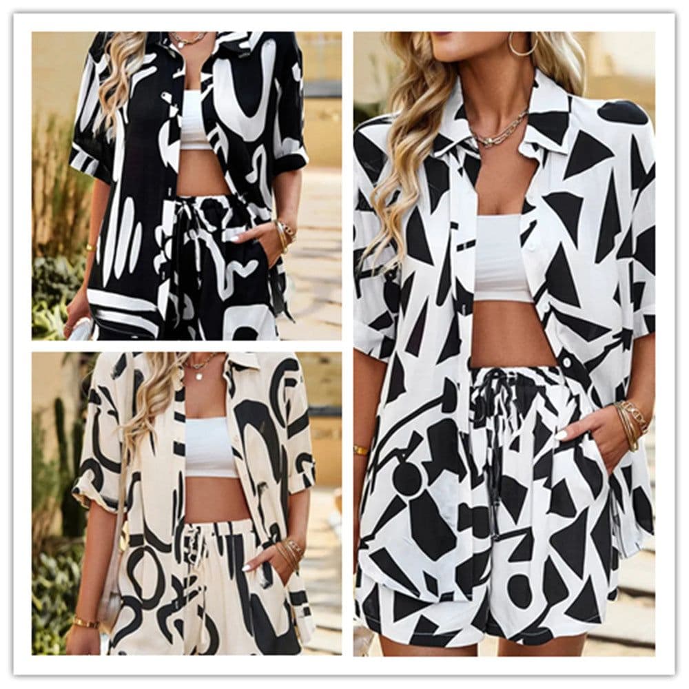 image-Women's Printed Shirt Shorts Set - Apricot Casual 2pc XL