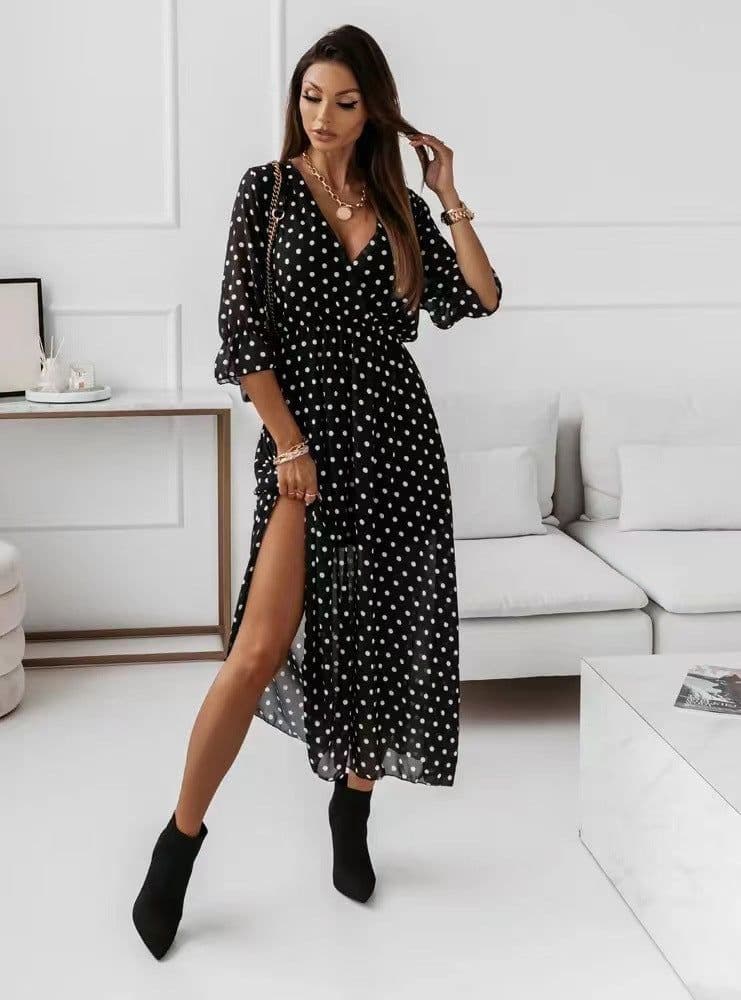 image-Women's V-Neck Chiffon Dress - Black Leopard Print XXL