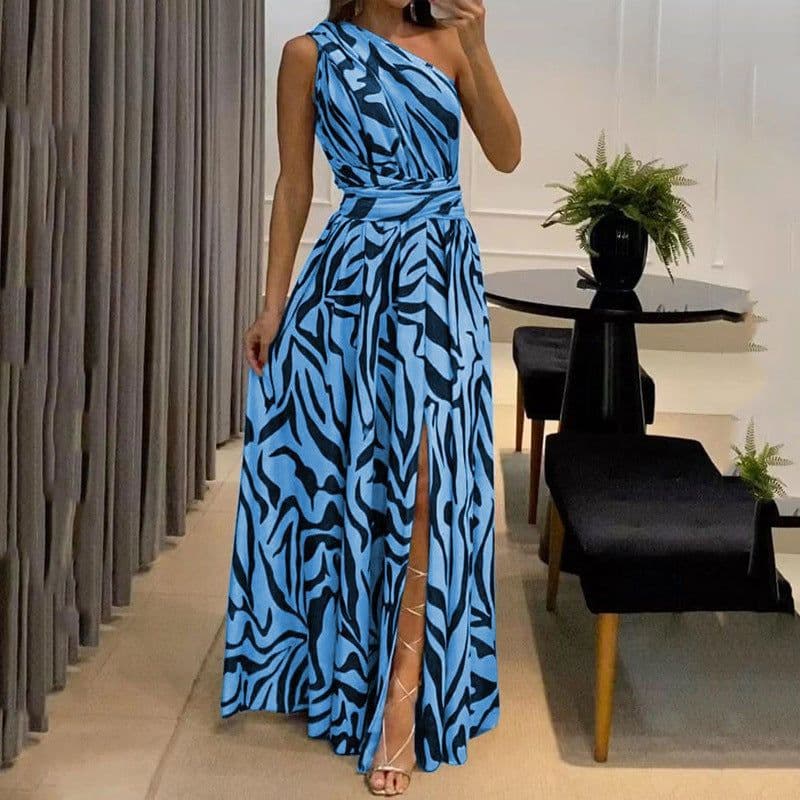 image-2023 summer new cross-border independent station women's sexy open back one shoulder sleeveless printed long dress 8087