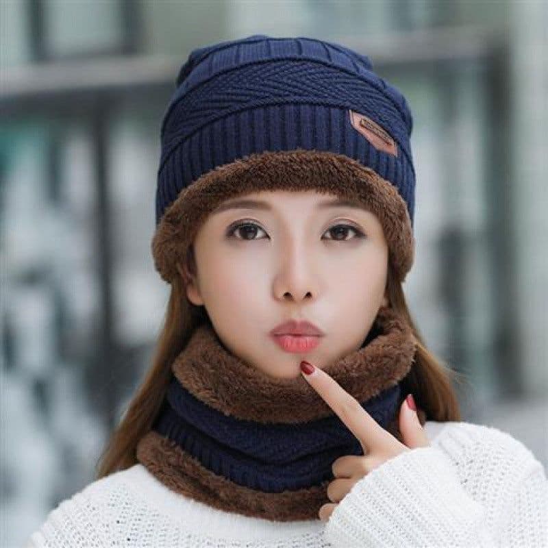 image-Women's Winter Knit Hat with Neck Warmer - Black Acrylic
