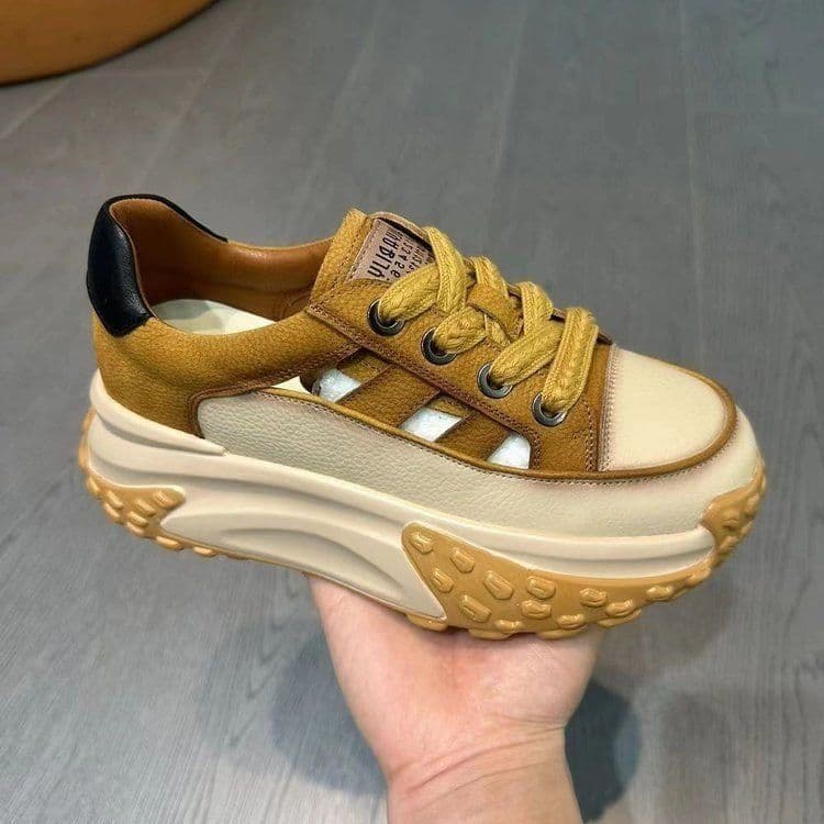 image-Women's Casual Sneakers - Khaki Color Matching Thick Sole