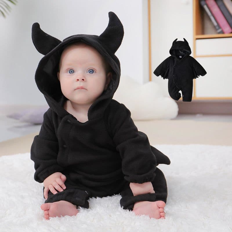 image-Children's Halloween Bat Costume Romper - Black Hooded Onesie