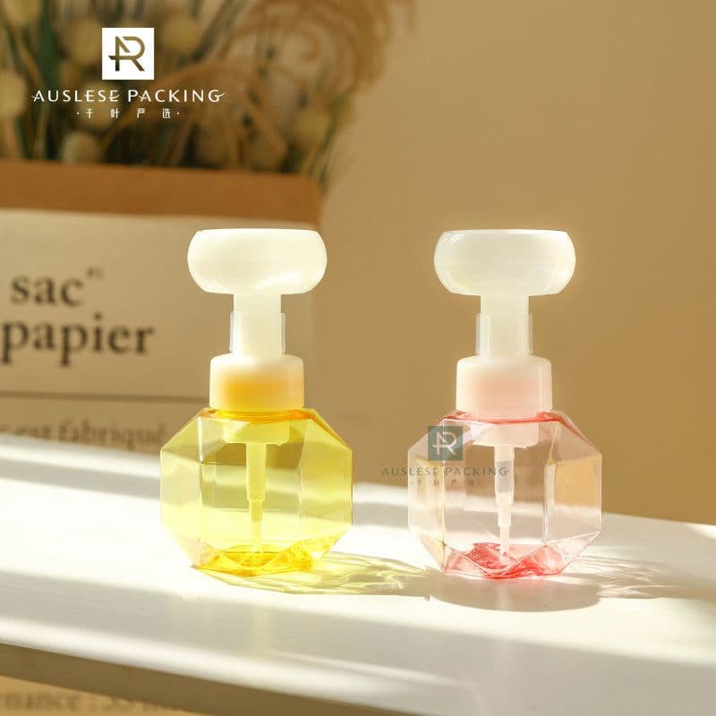 image-PetG Foam Sanitizer Bottle 300ml Flower Shape - Transparent Cosmetic Packaging