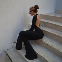 image-Women's Backless Jumpsuit - Slim Fit High Waist Flared