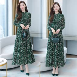 image-New floral green chiffon dress women's autumn women's new style slimming big swing floral long skirt