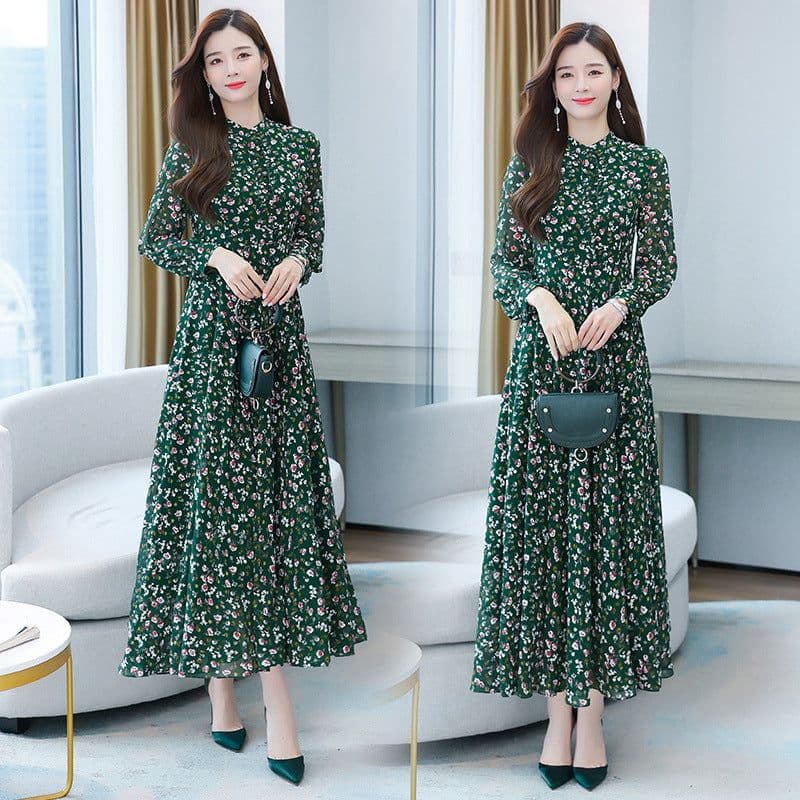 image-New floral green chiffon dress women's autumn women's new style slimming big swing floral long skirt