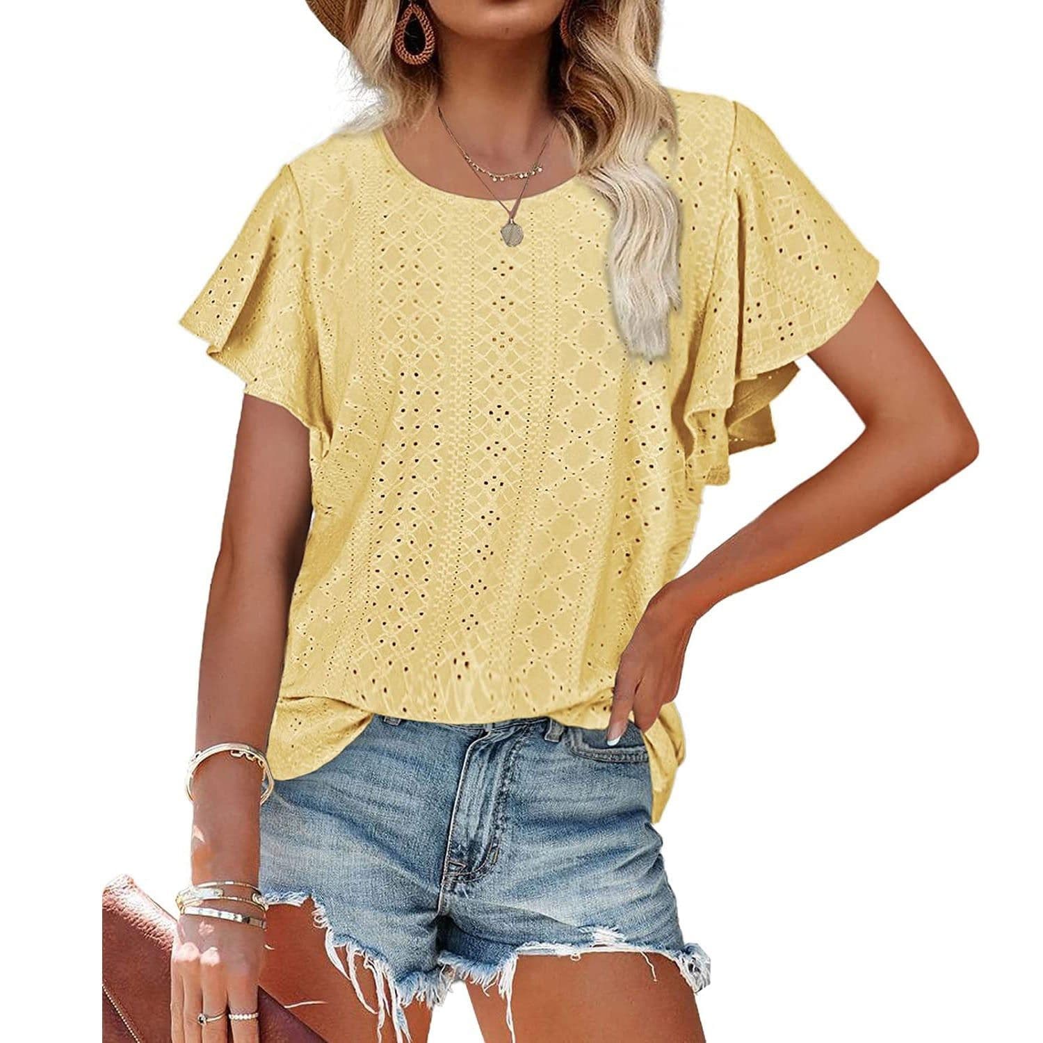 image-Women's Ruffled Sleeve T-Shirt - Sky Blue Hollow Out