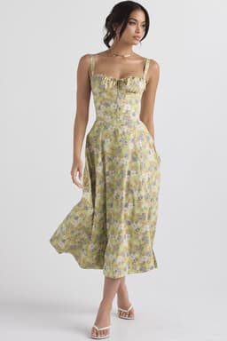 image-Women's Floral Sleeveless Midi Dress - Green Lace-Up