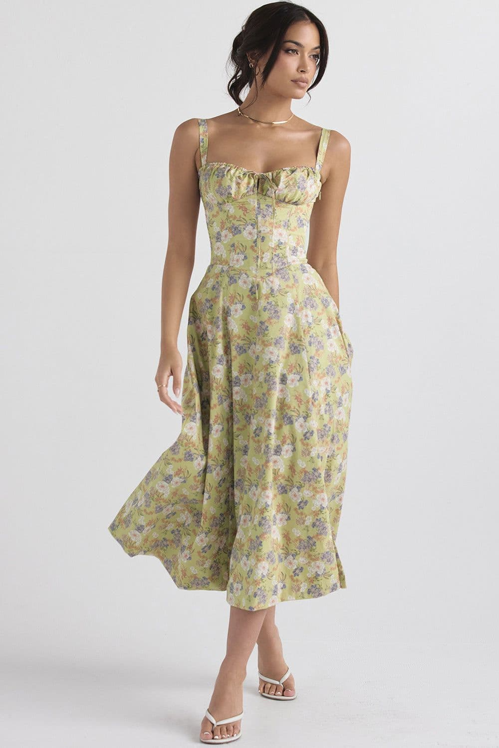 image-Women's Floral Sleeveless Midi Dress - Green Lace-Up
