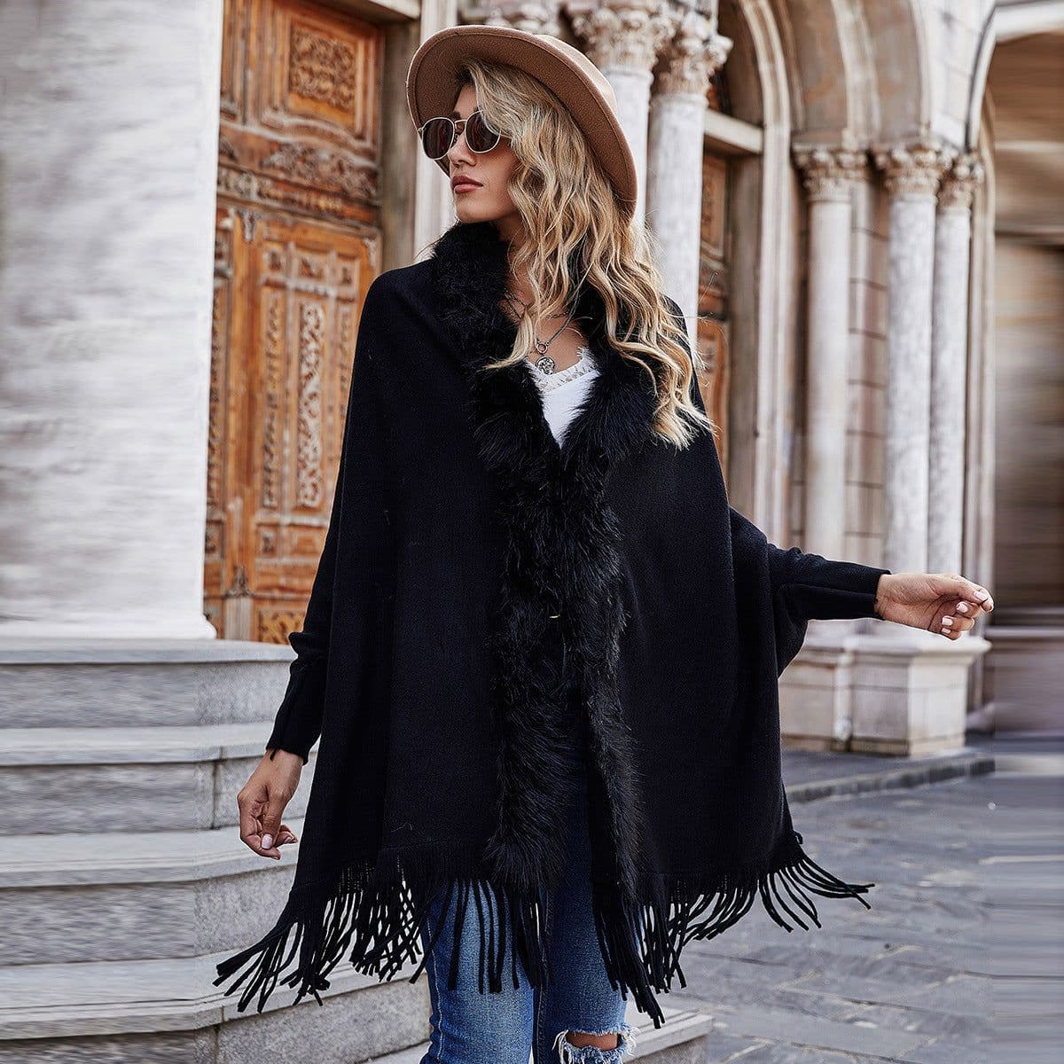 image-Dark Blue Cardigan Sweater Women Fur Collar