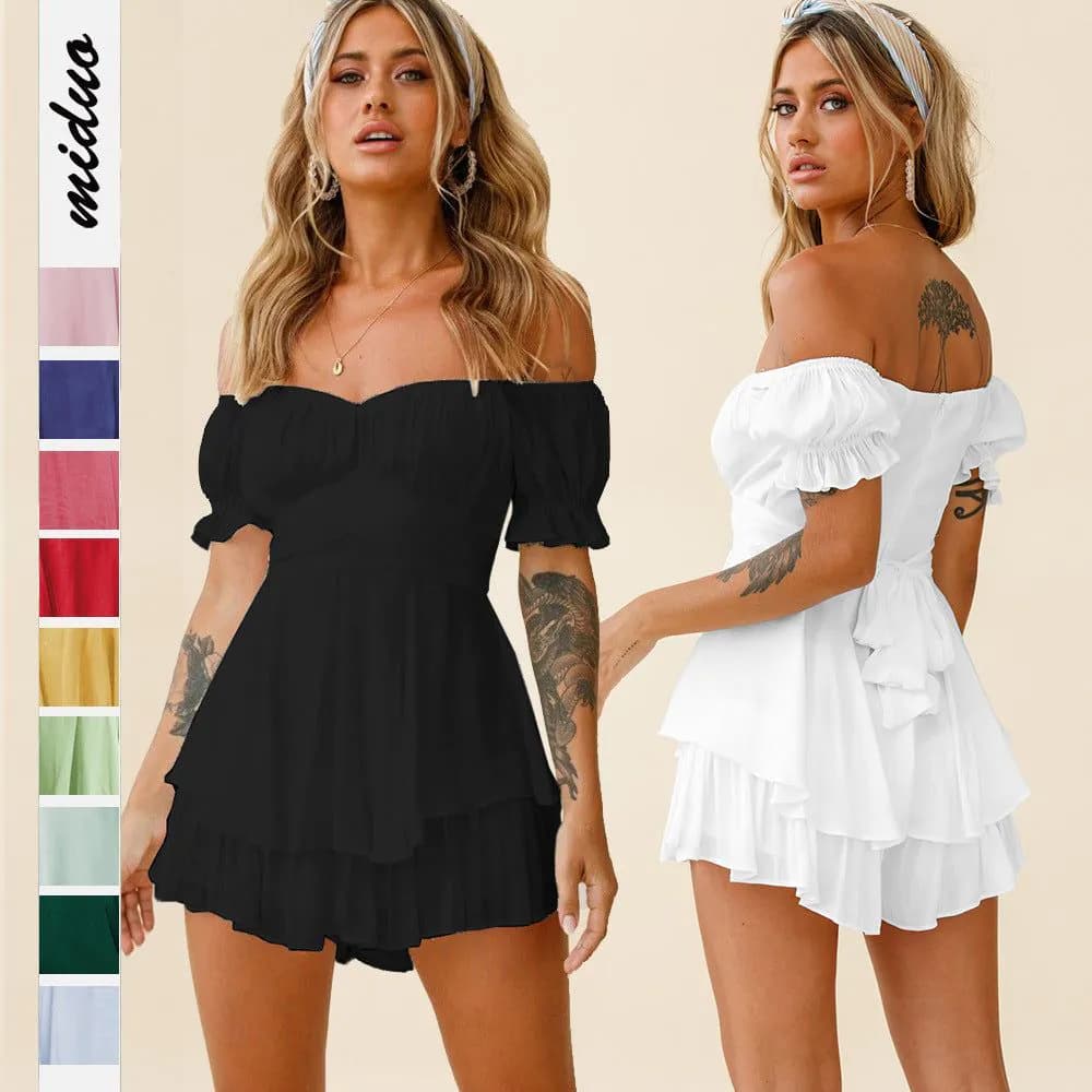 image-Spot wholesale jumpsuit solid color fashion sexy one-word collar lantern lotus leaf sleeve casual summer women's short pants
