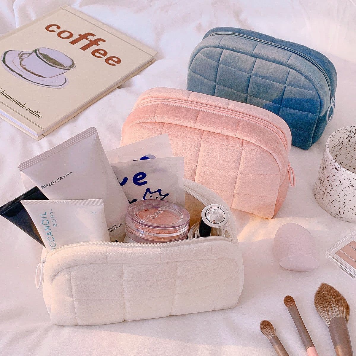 image-Sichen Cosmetic Pillow Bag - Cream White, Large, Soft & Anti-odor