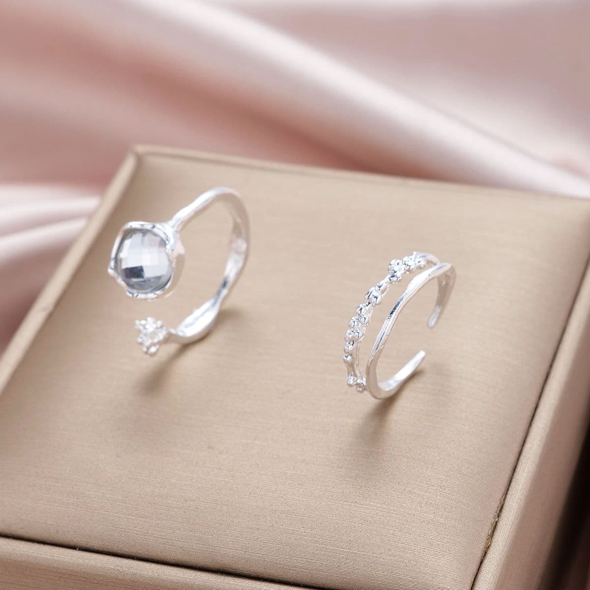 image-Moonstone Geometric Rings 2-Piece Set - Simple Fashion Jewelry for Women