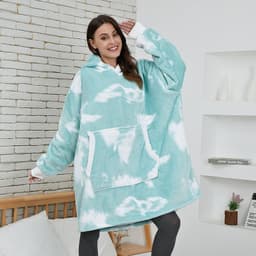 image-Tie-dye nightgown blue and white blouse flannel printing casual lazy blanket outdoor warm big pocket hooded sweater women