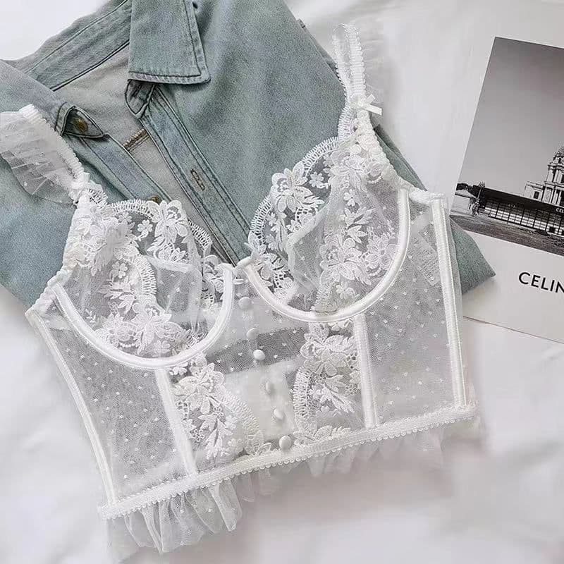 image-New French style sexy ultra-thin shapewear heavy industry embroidery perspective sexy multi-breasted corset bra set