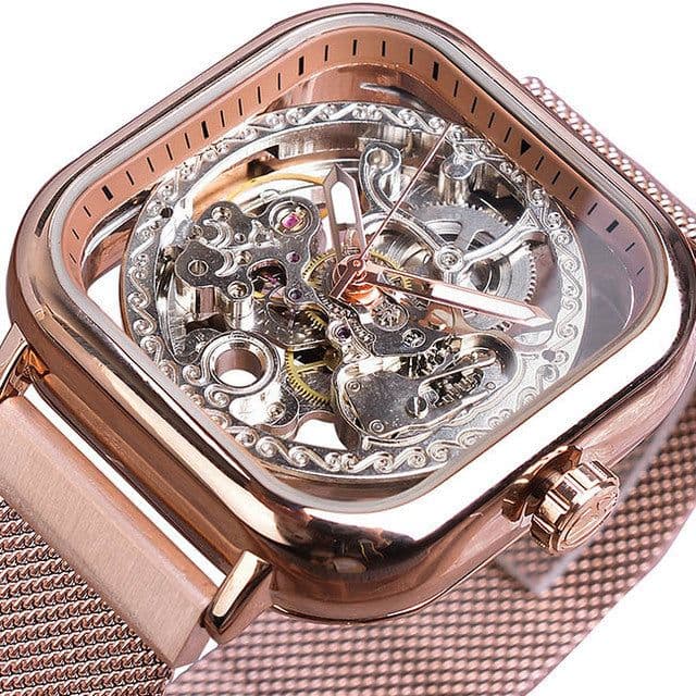 image-Forsining gold hollow watch men's fully automatic mechanical watch luminous mesh belt watch a generation
