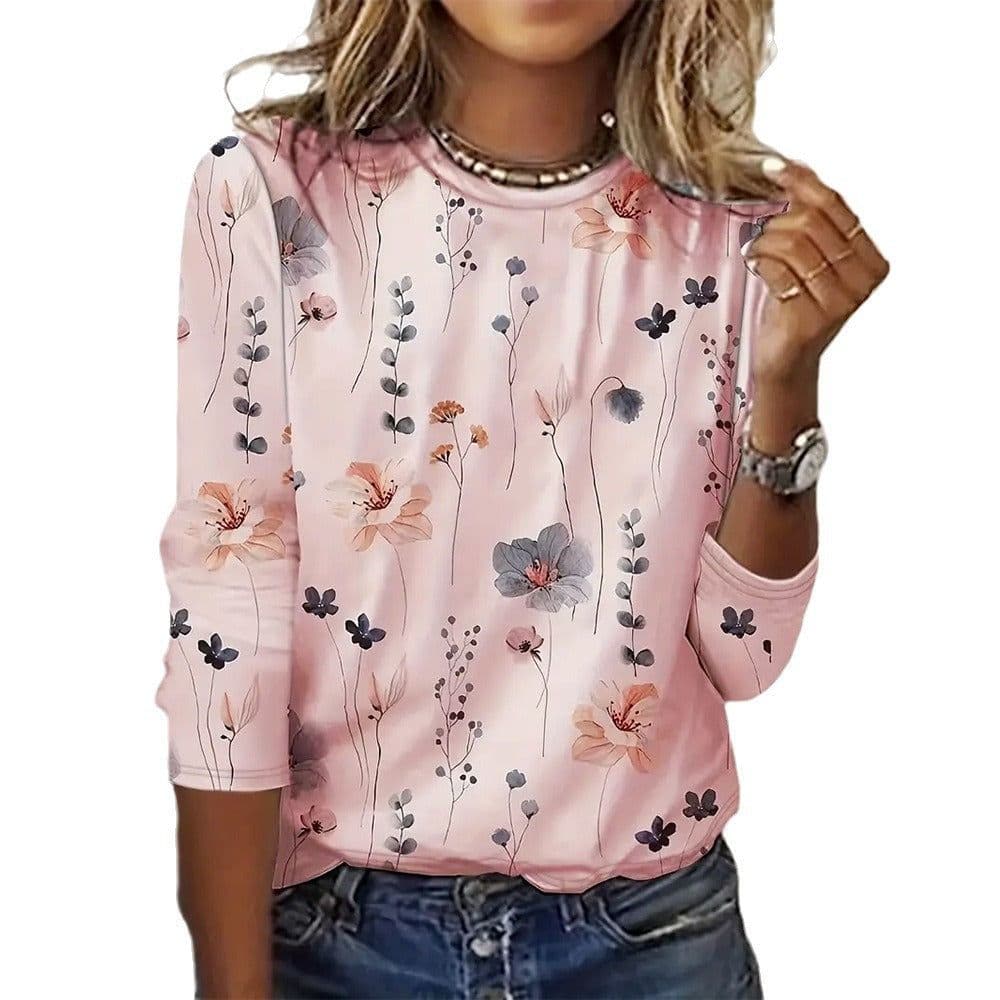 image-Juya 3D Floral Print Long-Sleeve T-Shirt - 6XL Women's Western Style