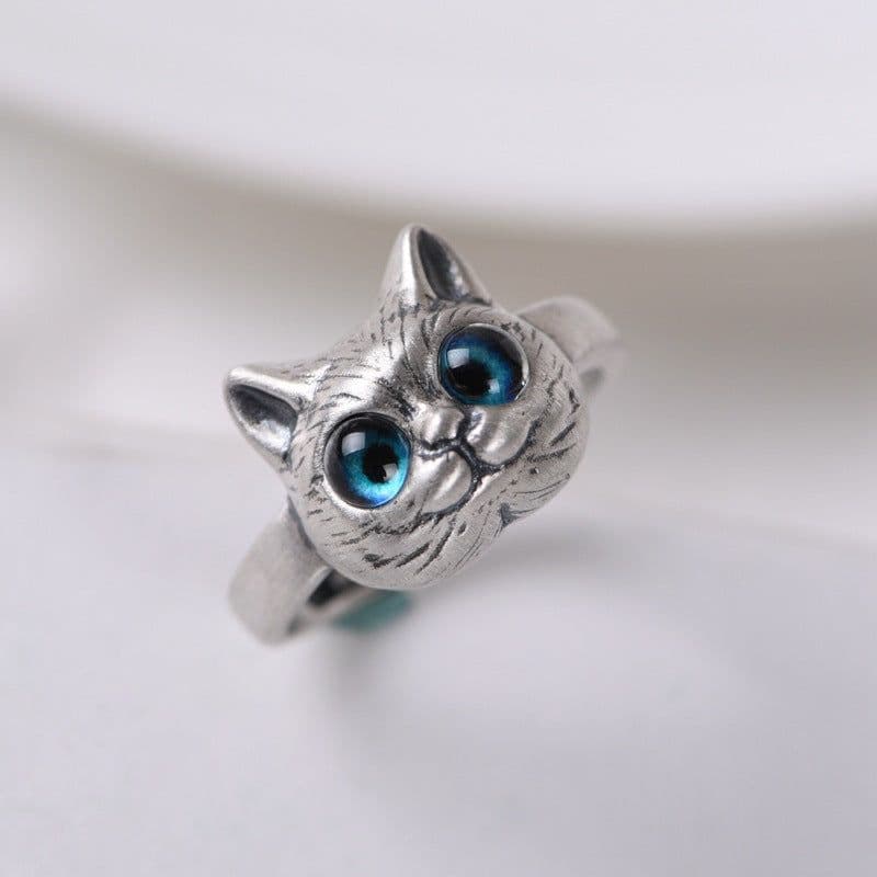 image-Golden Deer King S925 Silver Ring Vintage Old Kitten Ring Fashion Design Female Open Ring Hand Jewelry