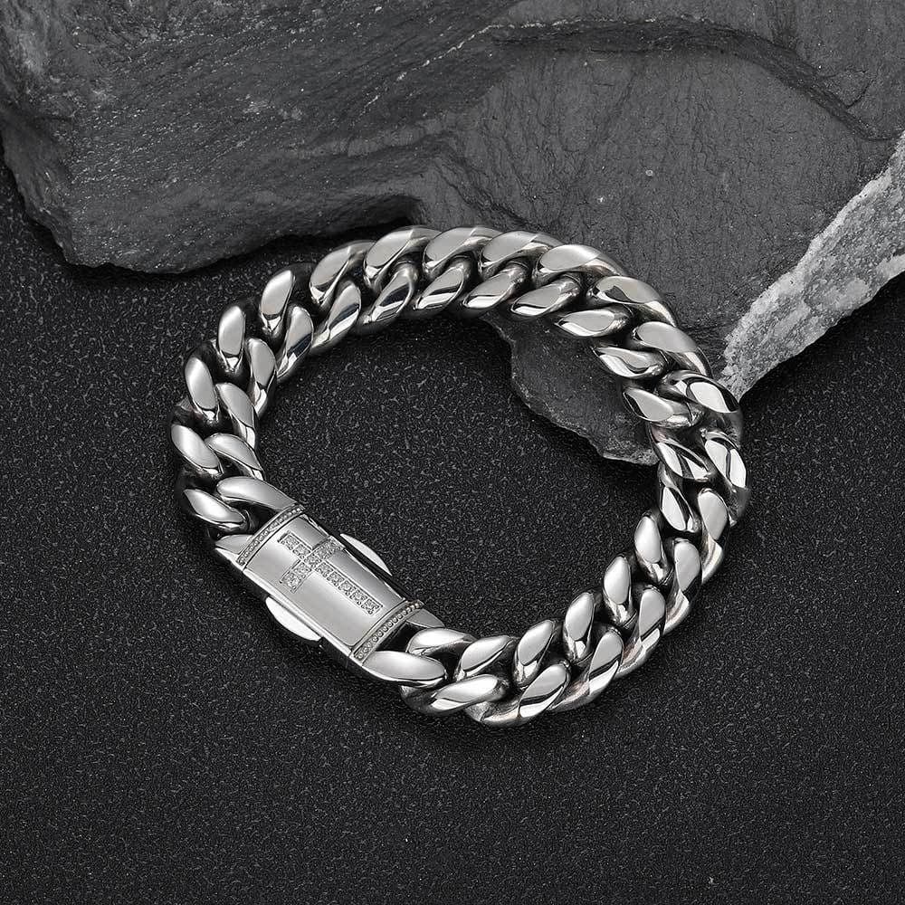 image-Stainless Steel Cuban Chain Bracelet - Gold 12mm Zircon