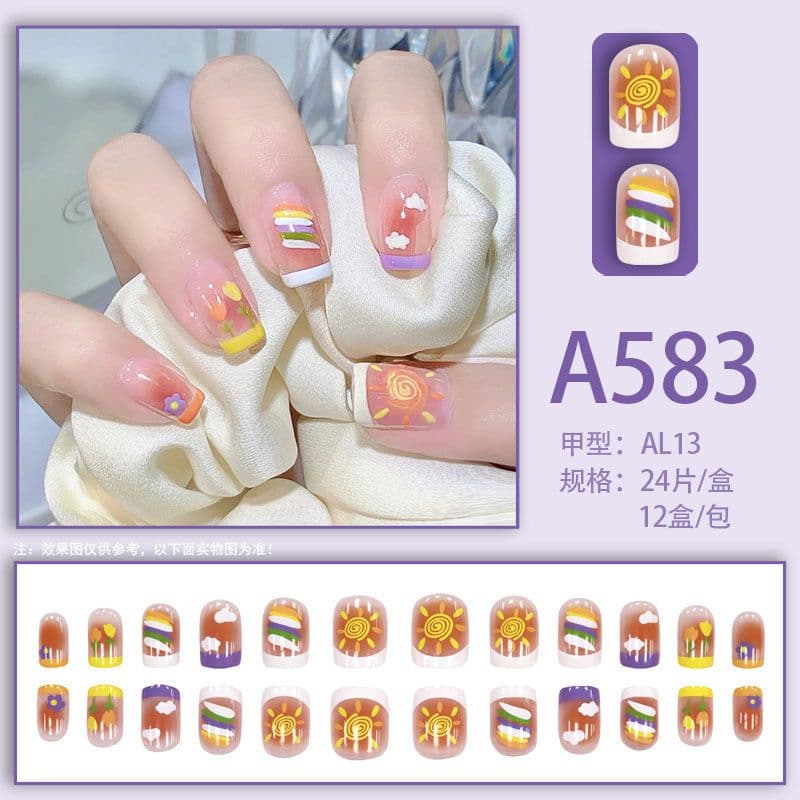 image-Winter fresh and simple pure lust style bride dance wear nails rainbow love rose fake nails wholesale