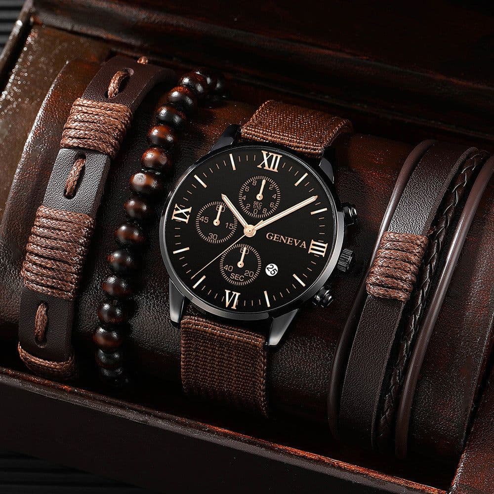 image-Men's Suit Gift Watch Set 4pcs Quartz Calendar Bracelet Watch