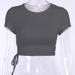 image-2022 Summer European and American New Sexy Navel T-Shirt Women's Side Tether Hollow Slim Slim Solid Color Cotton Short Sleeves