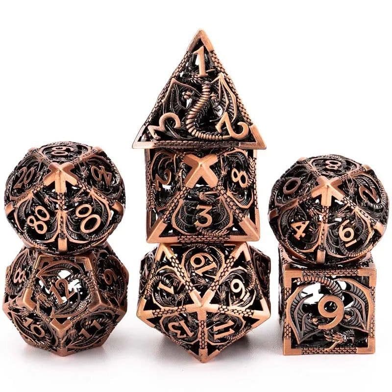 image-Metal D20 Dice - Hollow Dragon Design Green w/ Red Numbers