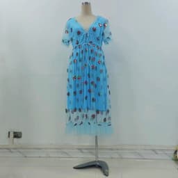 image-Women's A-Line Dress - Blue Sequin V-Neck Short Sleeve