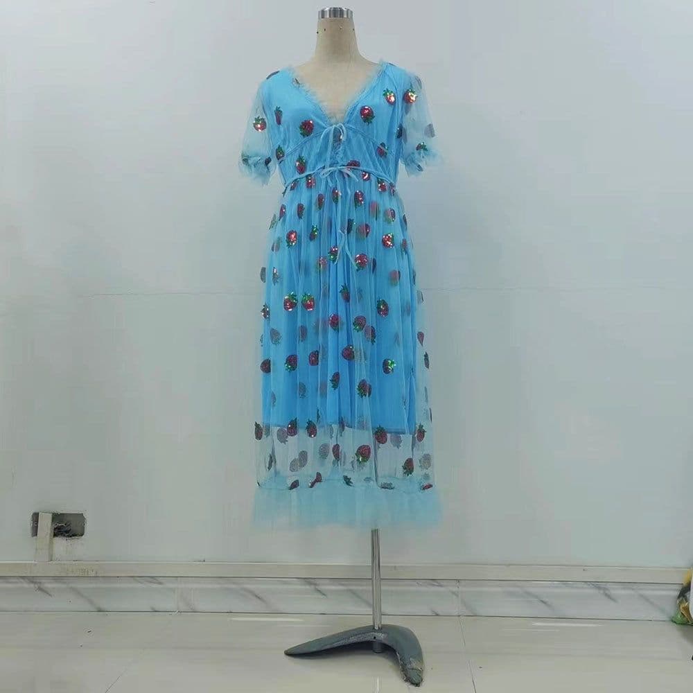 image-Women's A-Line Dress - Blue Sequin V-Neck Short Sleeve