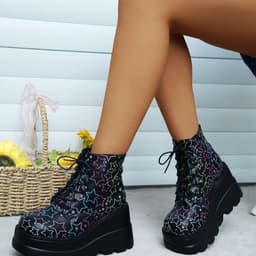 image-Women's Martin Boots - Black Skull PU Lace-Up Mid Heel