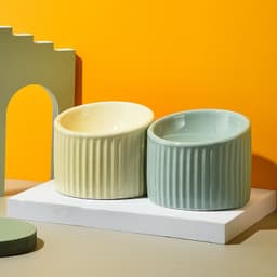 image-Cat Ceramic Bowl - Light Green Striped High Feet