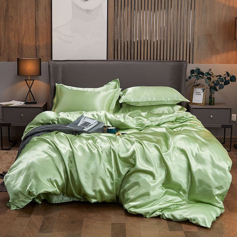 image-4-Piece Ice Silk Bedding Set - Pink Silver Gray