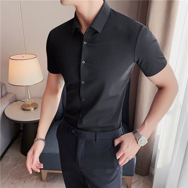 image-Men's Long Sleeve Shirt - Dark Gray Cotton Slim Fit