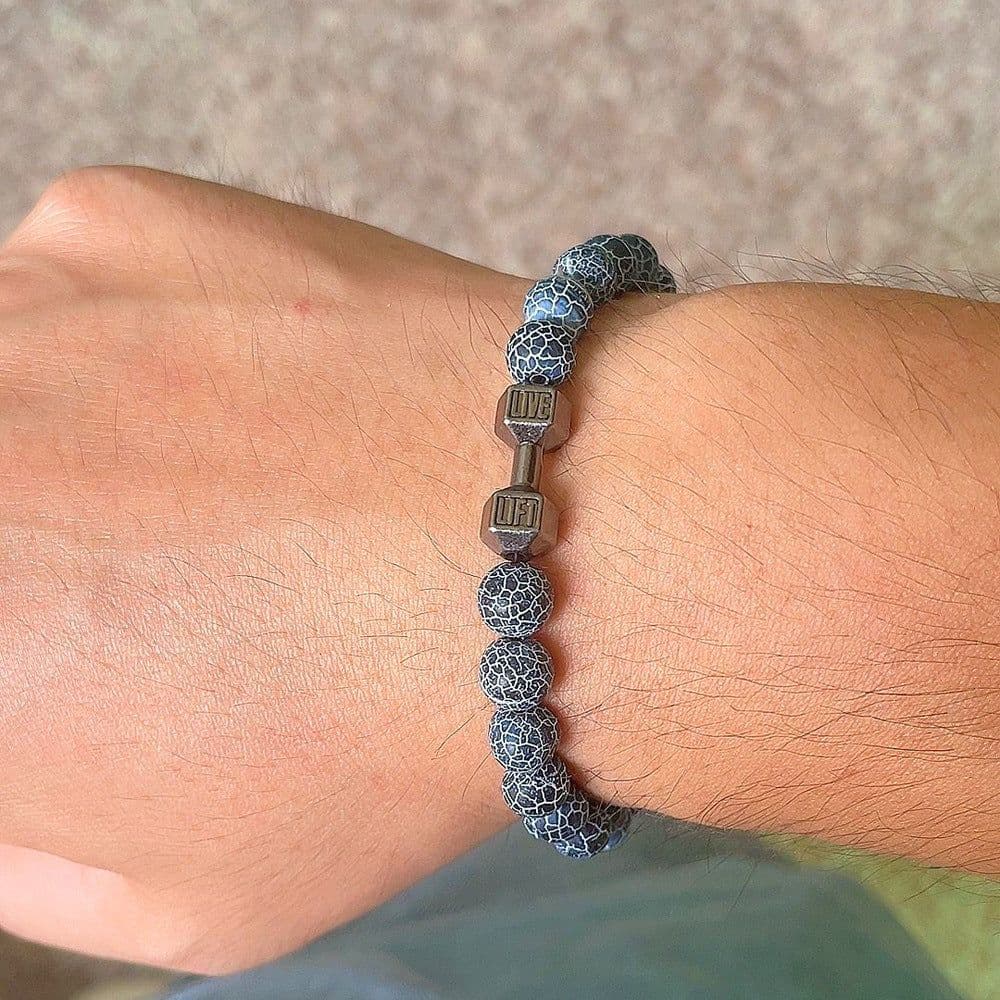 image-Cross Border Blue Weathered Stone Beaded Hand Jewelry Frosted Metal Dumbbell Buddha Beads Bracelet Jewelry Fashion Bracelet