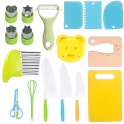 image-Children's Safety Knife Set - 3-Piece Plastic Fruit Kit, Wooden Chopping Board