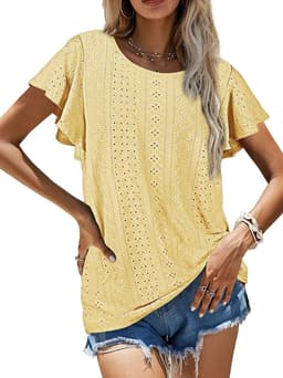 image-Women's Ruffled Sleeve T-Shirt - Sky Blue Hollow Out