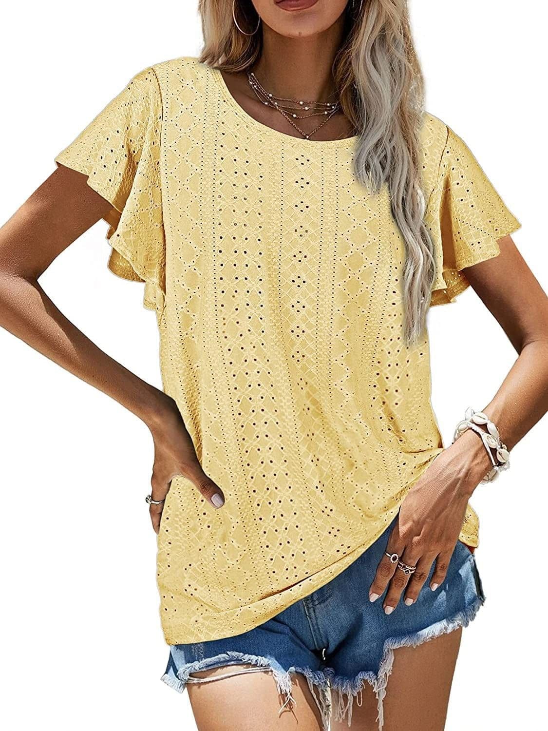 image-Women's Ruffled Sleeve T-Shirt - Sky Blue Hollow Out