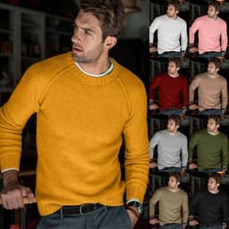image-Men's Acrylic Knit Sweater - Yellow Crew Neck