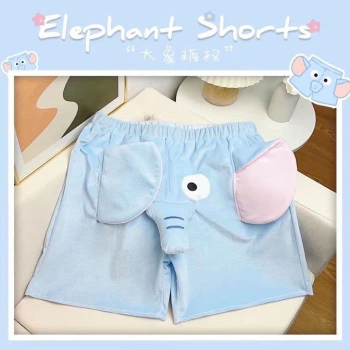 image-2024 Summer New Cute Elephant Shorts Embroidered Dumbo Creative Plush Ugly Fish Couple Pajamas Blue Pink