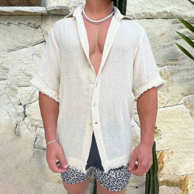 image-Men's Cotton Linen Shirt Short Sleeve Cardigan Khaki XXXL