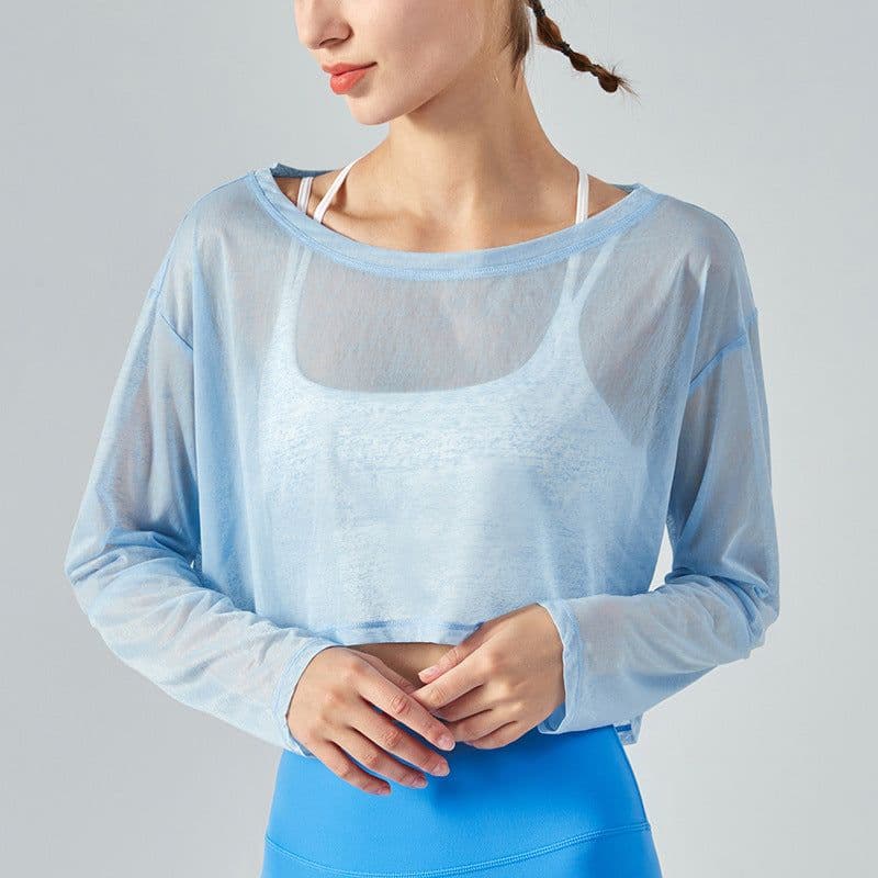 image-Yoga blouse women's loose fitness top light jacket light and breathable mesh yarn round neck spring and summer long-sleeved yoga clothing