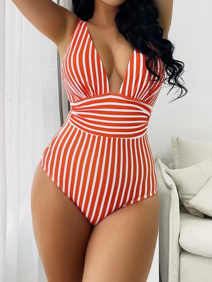 image-Women's One-Piece Swimsuit - Striped Polyester