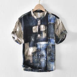image-Men's Linen Shirt - Blue Floral Stand Collar Short Sleeve