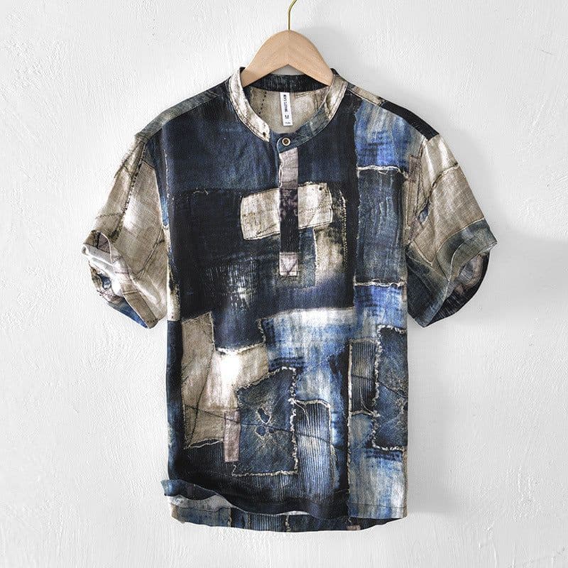 image-Men's Linen Shirt - Blue Floral Stand Collar Short Sleeve
